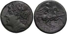 Sicily. Syracuse. Hieron II. 275-215 BC. AE 26.5 mm. Obv. Diademed head left. Rev. Mounted warrior in full armor right, holding spear; [in lower right...