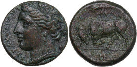 Sicily. Syracuse. Hieron II (274-215 BC). AE 18 mm. Obv. Head of Persephone left, wearing wreath of grain. Rev. Bull butting left; above club and mono...
