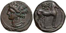 Punic Sardinia. AE 16.5 mm. c. 360-330 BC, uncertain mint. Obv. Wreathed head of Kore left, wearing triple-pendant earring. Rev. Horse standing right;...