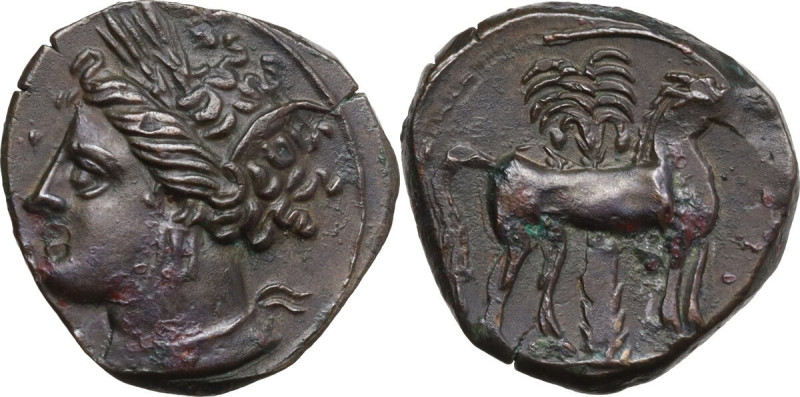 Punic Sardinia. AE 16 mm. Circa 360-330 BC. Uncertain mint. Obv. Wreathed head o...