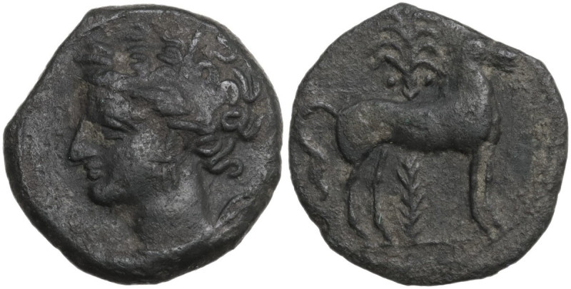 Punic Sardinia. AE 16.5 mm. c. 360-330 BC, uncertain mint. Obv. Wreathed head of...