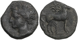 Punic Sardinia. AE 16.5 mm. c. 360-330 BC, uncertain mint. Obv. Wreathed head of Kore left, wearing triple-pendant earring. Rev. Horse standing right;...