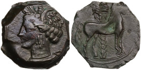 Punic Sardinia. AE 16 mm. c. 360-330 BC, uncertain mint. Obv. Wreathed head of Kore left. Rev. Horse standing right; in background, palm tree; pellet ...