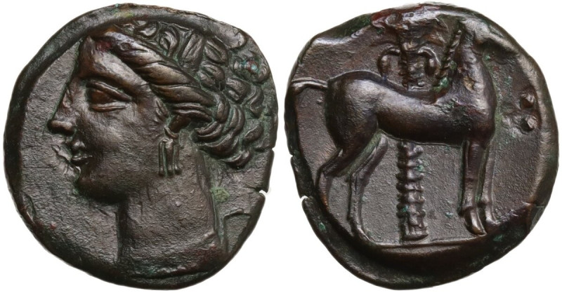 Punic Sardinia. AE 17 mm. c. 360-330 BC, uncertain mint. Obv. Wreathed head of K...