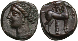 Punic Sardinia. AE 17 mm. c. 360-330 BC, uncertain mint. Obv. Wreathed head of Kore left, wearing triple-pendant earring. Rev. Horse standing right; i...