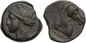 Punic Sardinia. AE 22 mm. c. 300-264 BC. Uncertain mint. Obv. Wreathed head of Kore left, wearing triple-pendant earring. Rev. Horse's head right. Lul...