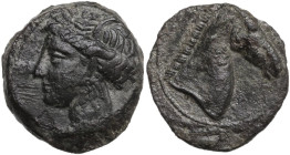 Punic Sardinia. AE 22 mm. c. 300-264 BC. Uncertain mint. Obv. Wreathed head of Kore left, wearing triple-pendant earring. Rev. Horse's head right. Lul...