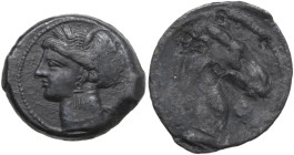 Punic Sardinia. AE 20 mm. c. 300-264 BC. Uncertain mint. Obv. Wreathed head of Kore left, wearing triple-pendant earring. Rev. Horse's head right; bef...