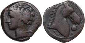 Punic Sardinia. AE 20 mm. c. 300-264 BC. Uncertain mint. Obv. Wreathed head of Kore left, wearing triple-pendant earring. Rev. Horse's head right; bel...