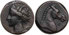 Punic Sardinia. AE 20 mm. Circa 300-264 BC. Uncertain mint. Obv. Wreathed head of Kore left, wearing triple-pendant earring. Rev. Horse's head right; ...