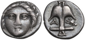 Continental Greece. Thrace, Apollonia Pontika. AR Diobol, 410-323 BC. Obv. Gorgoneion. Rev. Anchor with A and crayfish. HGC 3.2 1315. AR. 1.17 g. 11.0...