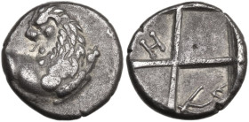 Continental Greece. Thrace, Chersonesos. AR Hemidrachm, c. 386-338 BC. Obv. Forepart of lion right, head reverted. Rev. Quadripartite incuse square wi...