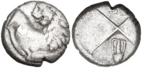 Continental Greece. Thrace, Chersonesos. AR Hemidrachm, 386-338 BC. Obv. Forepart of lion right, head left. Rev. Incuse square with four fields, alter...