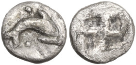 Continental Greece. Islands off Thrace, Thasos. AR Hemiobol, 435-411 BC. Obv. Dolphin right; above and below, pellet. Rev. Incuse square with four fie...