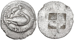 Continental Greece. Macedon, Eion. AR Trihemiobol, 460-400 BC. Obv. Goose right, head turned back; above, lizard. Rev. Quadripartite incuse square. HG...