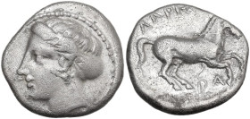 Continental Greece. Thessaly, Larissa. AR Drachm, c. 404 BC. Obv. Head of Larissa left, wearing sphendone. Rev. Horse galloping right. HGC 4 427. AR. ...