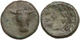 Continental Greece. Phokis. Uncertain mint. AE 19 mm. 4th century. Obv. Bucranium. Rev. ΦΚ(?) monogram within ivy wreath. AE. 6.70 g. 19.00 mm. VF.