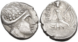 Continental Greece. Euboia, Histiaia. AR Tetrobol, 338-304 BC. Obv. Head of nymph right, wearing wreath. Rev. Nymph seated on vessel right. HGC 4 1523...