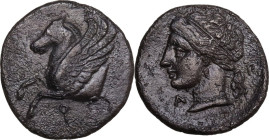 Continental Greece. Corinthia, Corinth. AR Hemidrachm, c. 350-300 BC. Obv. Forepart of Pegasus left; below, koppa. Rev. Wreathed head of Aphrodite lef...
