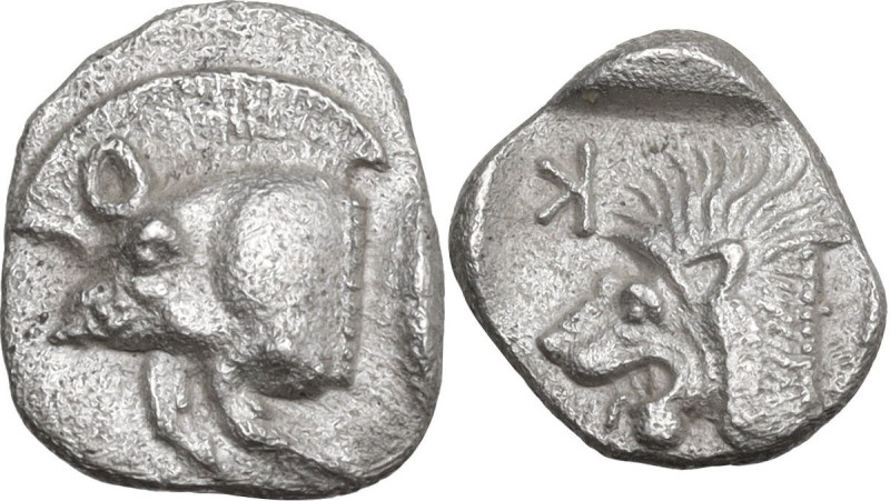 Greek Asia. Mysia, Kyzikos. AR Hemiobol, 5th century BC. Obv. Forepart of boar l...