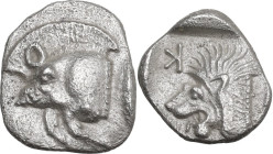 Greek Asia. Mysia, Kyzikos. AR Hemiobol, 5th century BC. Obv. Forepart of boar left; behind, tuna. Rev. Head of lion left; above, K; all in incuse squ...