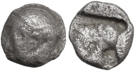 Greek Asia. Mysia, Lampsakos. AR Obol, c. 500-450 BC. Obv. Female janiform head. Rev. Helmeted head of Athena left within incuse square. SNG BN 1128-3...