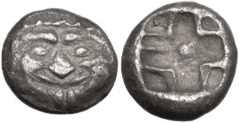 Greek Asia. Mysia, Parion. AR Drachm, 500-475 BC. Obv. Gorgoneion. Rev. Incuse square with a cross pattern. SNG Cop. 256. AR. 3.16 g. 13.00 mm. Lightl...