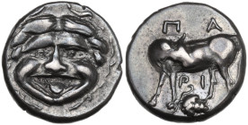 Greek Asia. Mysia, Parion. AR Hemidrachm, 4th century BC. Obv. Gorgoneion. Rev. Cow standing left, head right; below, bunch of grapes. SNG Cop. 257-26...
