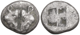 Greek Asia. Lesbos, unattribuited early mint. AR 1/12 Stater, 5th century BC. Obv. Confronted boar's heads. Rev. Incuse square punch divided diagonall...