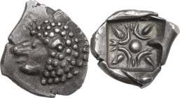Greek Asia. Ionia, Miletos. AR 1/12 Stater or Obol, late 6th-5th centuries BC. Obv. Forepart of roaring lion right, head left. Rev. Stellate floral pa...