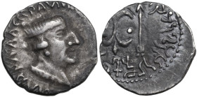 Greek Asia. Indo-Parthia. Nahapana. AR Drachm, c. 53-89. Obv. Bust right. Rev. Arrow and thunderbolt. Senior 303. AR. 2.24 g. 16.50 mm. Toned. Good VF...