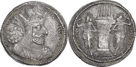Greek Asia. Sasanian Kings. Shapur I (241-272 AD). AR Drachm. Obv. Bust right, wearing mural crown with korymbos and earflaps. Rev. Fire altar; flanke...