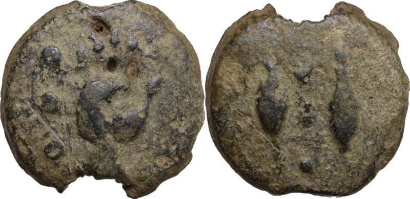 Dioscuri/Mercury series. AE Cast Quadrans, c. 280 BC. Obv. Right hand; at left, ...