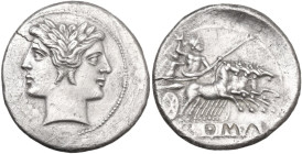 Anonymous. Quadrigatus (Didrachm), uncertain Sicilian mints, 218-217 BC. Obv. Laureate Janiform head of Dioscuri. Rev. Jupiter in quadriga right, driv...