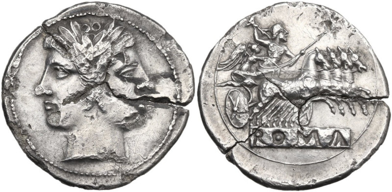 Anonymous. Quadrigatus (Didrachm), uncertain Sicilian mints, 218-217 BC. Obv. La...