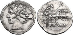 Anonymous. Quadrigatus (Didrachm), uncertain Sicilian mints, 218-217 BC. Obv. Laureate Janiform head of Dioscuri. Rev. Jupiter in quadriga right, driv...