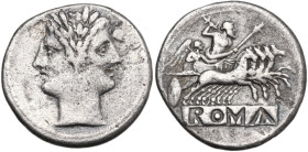 Anonymous. Quadrigatus (Didrachm), uncertain Sicilian mints, 218-217 BC. Obv. Laureate Janiform head of Dioscuri. Rev. Jupiter in quadriga right, driv...