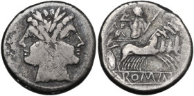Anonymous. Quadrigatus (Didrachm), uncertain Campanian mints, 216-215 BC (debased coinage). Obv. Laureate Janiform head of Dioscuri. Rev. Jupiter in q...