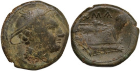 Anonymous semilibral series. AE Semuncia, 217-215 BC. Obv. Head of Mercury right. Rev. Prow right. Cr. 38/7. AE. 7.60 g. 21.00 mm. Attractive olive gr...