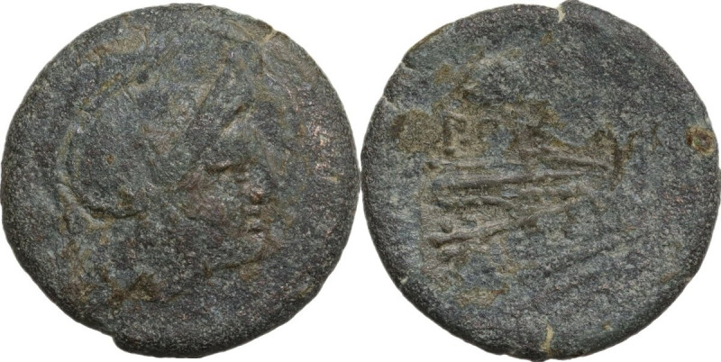 Anonymous. AE Uncia, uncertain mint in Sicily, 214-212 BC. Obv. Helmeted head of...