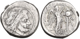 Anonymous. Victoriatus, uncertain Campanian mints, 215-211 BC. Obv. Laureate head of Jupiter right. Rev. Victory standing right, crowning trophy; in e...