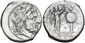 Anonymous. Victoriatus, uncertain Campanian mints, 215-211 BC. Obv. Laureate head of Jupiter right. Rev. Victory standing right, crowning trophy; in e...