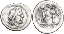 Anonymous. Victoriatus, uncertain Campanian mints, 215-211 BC. Obv. Laureate head of Jupiter right. Rev. Victory standing right, crowning trophy; in e...