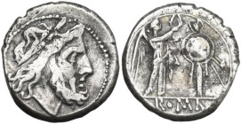 Anonymous. Victoriatus, uncertain Campanian mints, 215-211 BC. Obv. Laureate head of Jupiter right. Rev. Victory standing right, crowning trophy; in e...