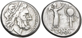 Anonymous. Victoriatus, uncertain Campanian mints, 215-211 BC. Obv. Laureate head of Jupiter right. Rev. Victory standing right, crowning trophy; in e...