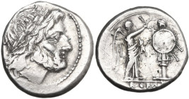 Anonymous. Victoriatus, uncertain Sicilian mint (Lilybaeum?), 215-214 BC. Obv. Laureate head of Jupiter right. Rev. Victory standing right, crowning t...
