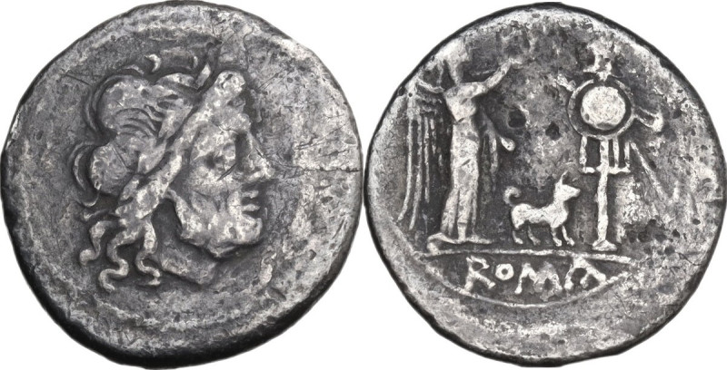 Dog series. Victoriatus, uncertain Campanian mint (Capua?), 204 BC. Obv. Laureat...