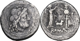 Dog series. Victoriatus, uncertain Campanian mint (Capua?), 204 BC. Obv. Laureate head of Jupiter right. Rev. Victory standing right, crowning trophy;...