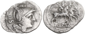 Anonymous. AR Sestertius, uncertain Samnite mint, 214 BC. Obv. Helmeted head of Roma right; behind, IIS. Rev. The Dioscuri galloping right; in linear ...