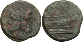 Anonymous sextantal series. AE As, after 211 BC. Obv. Laureate head of Janus; above, I. Rev. Prow right; above, I. Cr. 56/2. AE. 37.70 g. 34.50 mm. Lo...